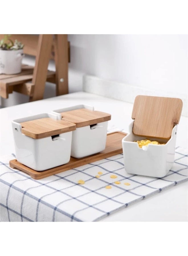 طقم 4 برطمانات توابل سيراميك مربع مع أغطية وملعقة لتخزين الملح والسكر والتوابل. - Image 3